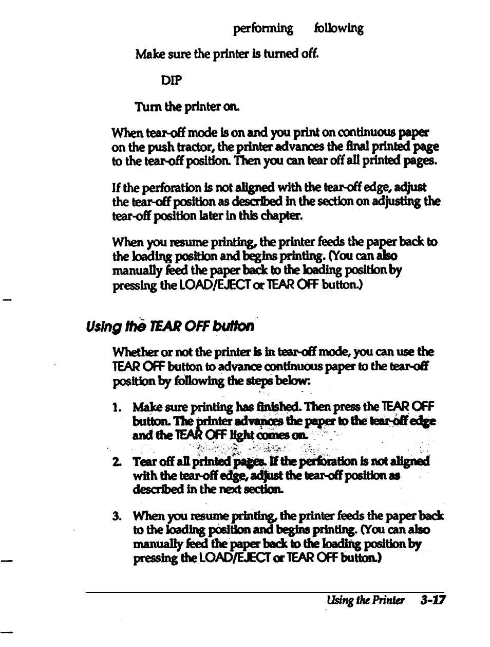 Using the tear off button | Epson 24-PIN DOT MATRIX PRINTER LQ-570+ User Manual | Page 74 / 158