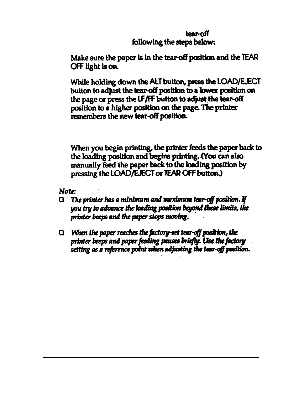 Adjusting the tear-off position | Epson 24-PIN DOT MATRIX PRINTER LQ-570+ User Manual | Page 75 / 158