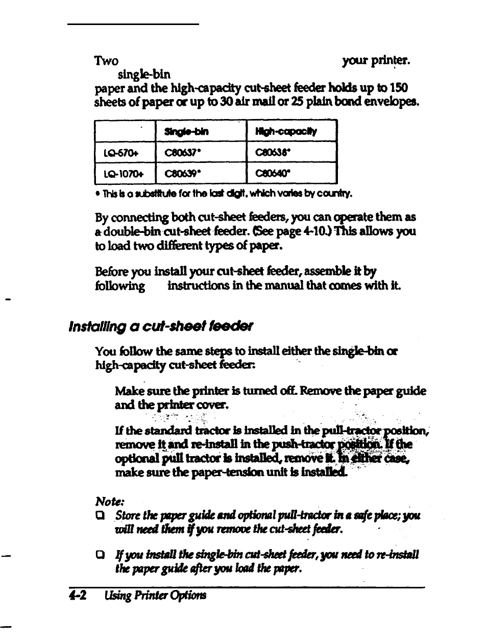 Cut-sheet feeder, Installing a cut-sheet feeder | Epson 24-PIN DOT MATRIX PRINTER LQ-570+ User Manual | Page 85 / 158