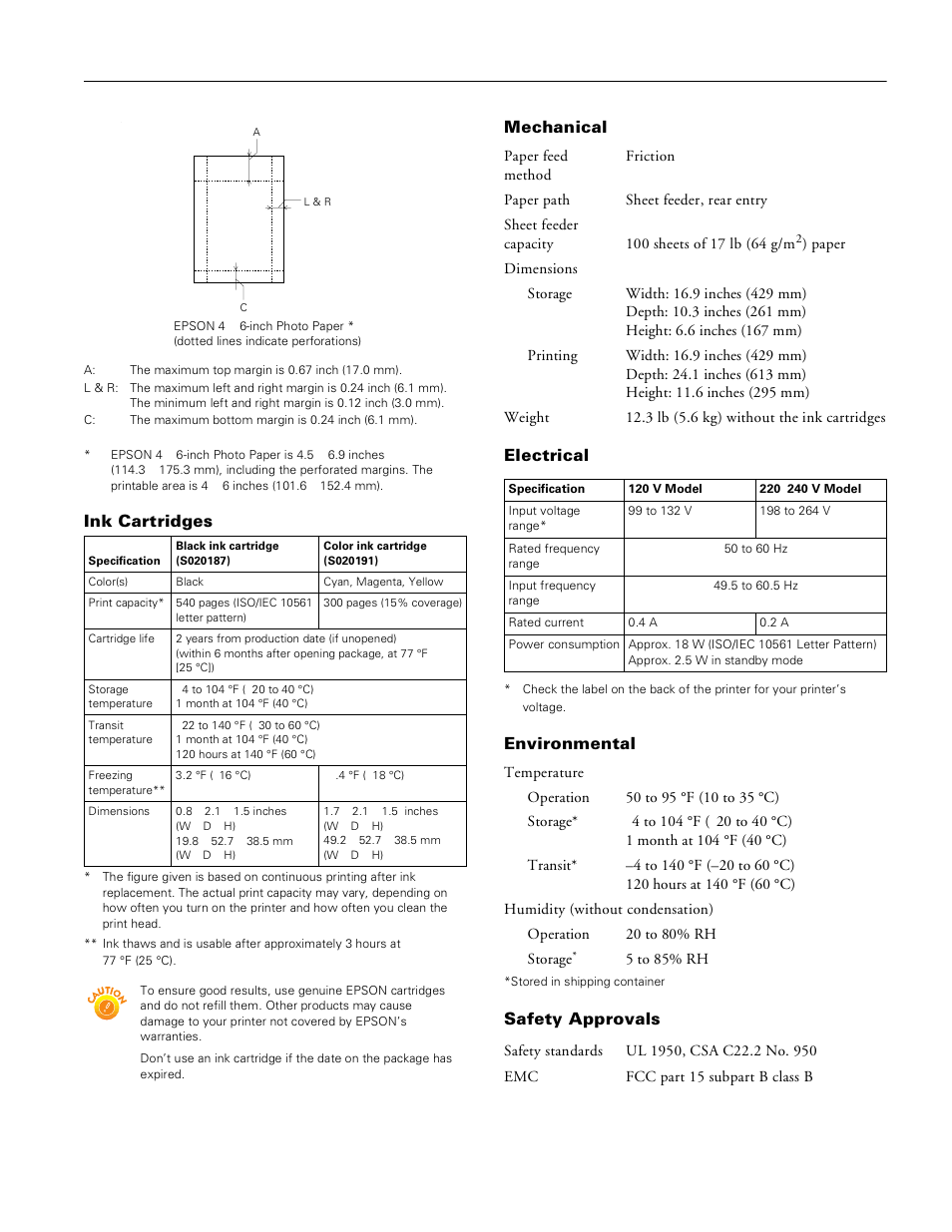 Ink cartridges, Mechanical, Electrical | Environmental, Safety approvals, Epson stylus color 670 | Epson STYLUS 670 User Manual | Page 3 / 11