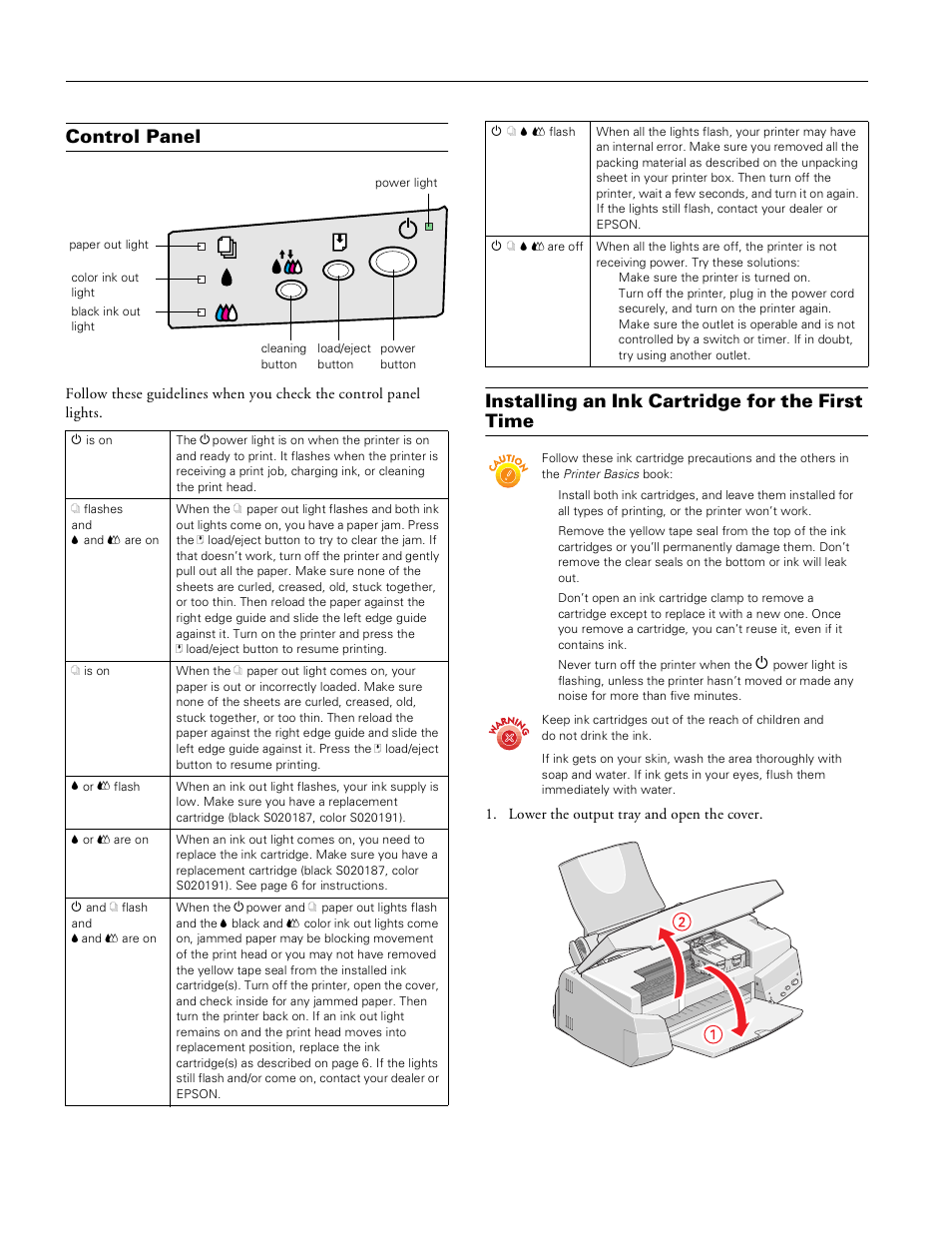 Control panel, Installing an ink cartridge for the first time, Epson stylus color 670 | Epson STYLUS 670 User Manual | Page 4 / 11