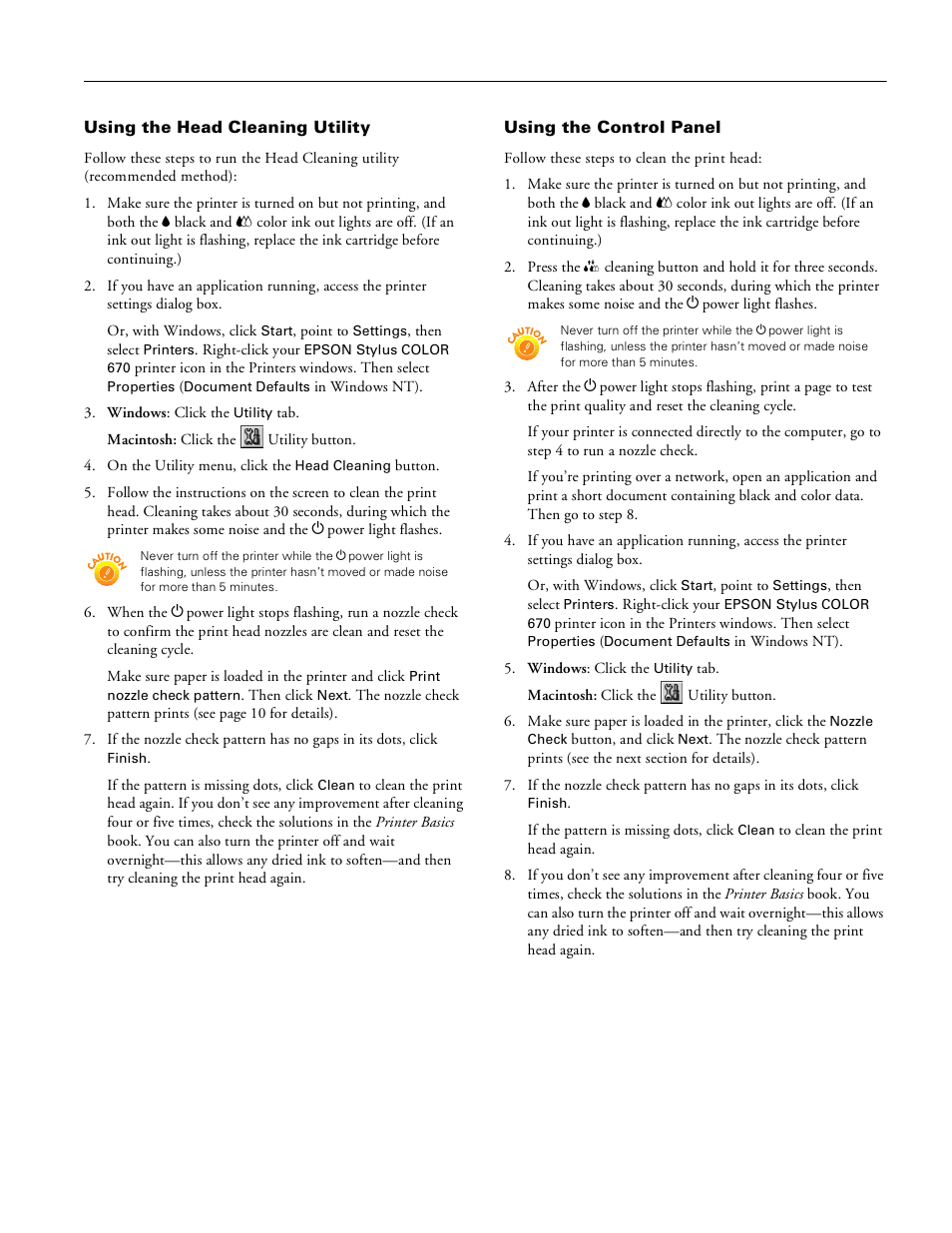 Using the head cleaning, Utility using the control panel, Epson stylus color 670 | Epson STYLUS 670 User Manual | Page 9 / 11