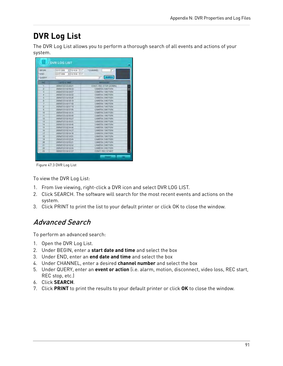 Figure 47.3 dvr log list, Open the dvr log list, Click search | Dvr log list, Advanced search | Epson TOUCH DH200 User Manual | Page 101 / 106