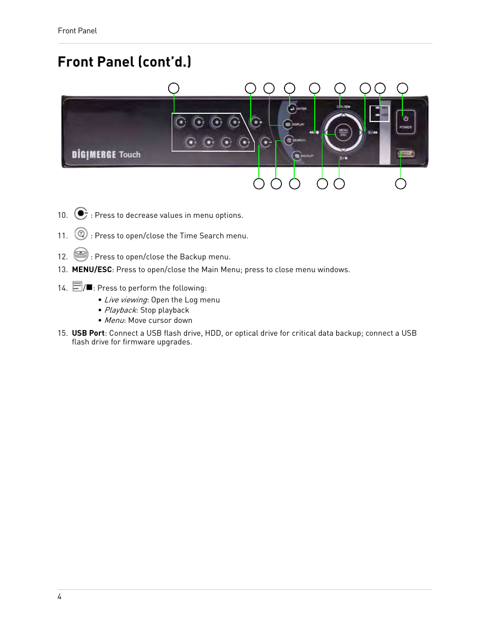 : press to decrease values in menu options, : press to open/close the time search menu, : press to open/close the backup menu | /n: press to perform the following, Live viewing: open the log menu, Playback: stop playback, Menu: move cursor down, Front panel (cont’d.) | Epson TOUCH DH200 User Manual | Page 14 / 106