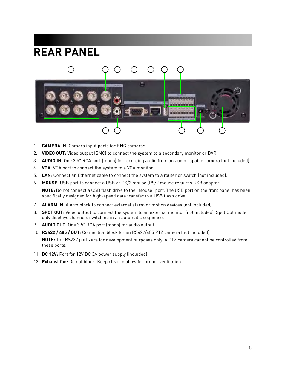 Camera in: camera input ports for bnc cameras, Dc 12v: port for 12v dc 3a power supply (included), Rear panel | Epson TOUCH DH200 User Manual | Page 15 / 106