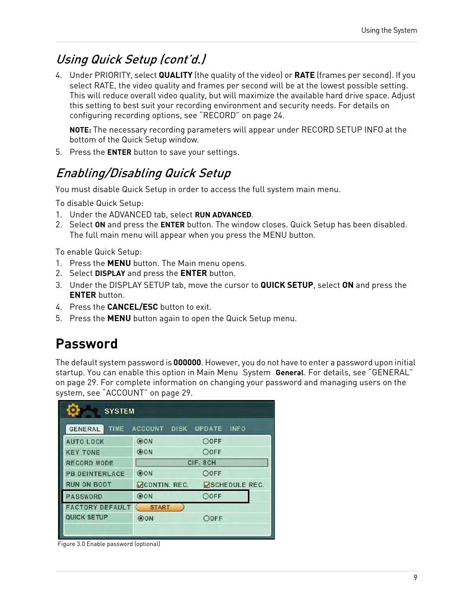 Using quick setup (cont’d.), Press the enter button to save your settings, Under the advanced tab, select run advanced | Press the menu button. the main menu opens, Select display and press the enter button, Press the cancel/esc button to exit, Figure 3.0 enable password (optional), Enabling/disabling quick setup, Password | Epson TOUCH DH200 User Manual | Page 19 / 106