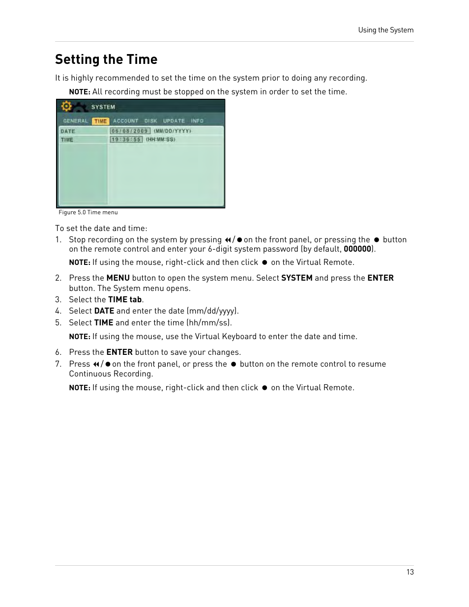 Figure 5.0 time menu, Select the time tab, Select date and enter the date (mm/dd/yyyy) | Select time and enter the time (hh/mm/ss), Press the enter button to save your changes, Setting the time | Epson TOUCH DH200 User Manual | Page 23 / 106