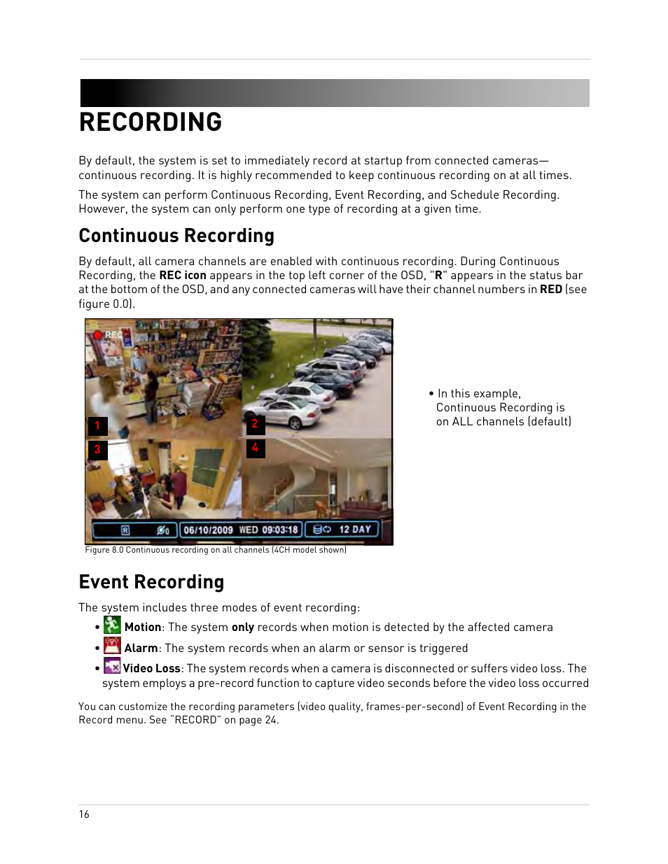 Recording, Continuous recording event recording, Continuous recording | Event recording | Epson TOUCH DH200 User Manual | Page 26 / 106