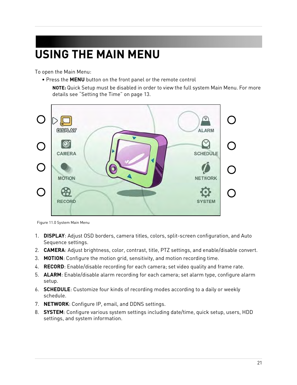 Network: configure ip, email, and ddns settings, Using the main menu | Epson TOUCH DH200 User Manual | Page 31 / 106