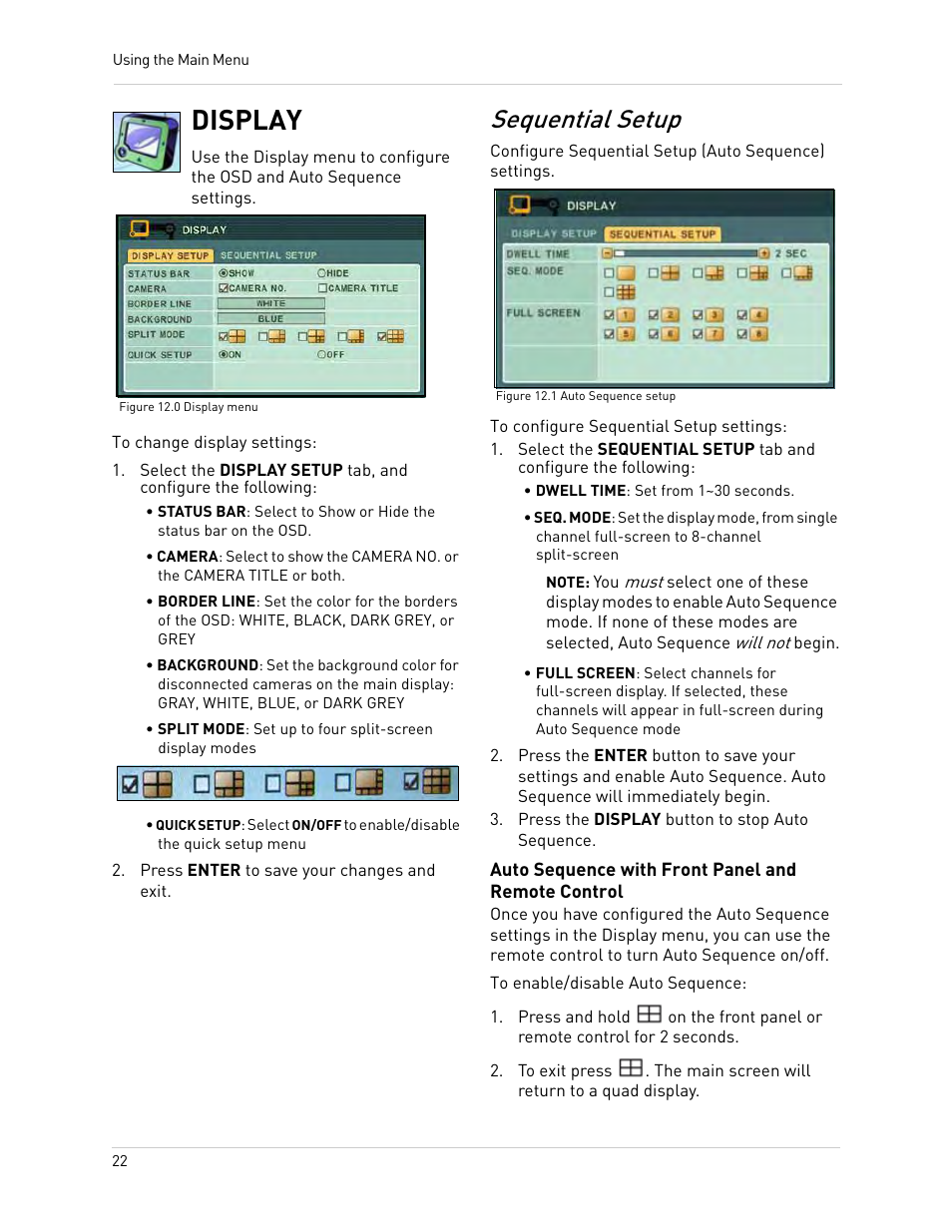 Figure 12.0 display menu, Press enter to save your changes and exit, Figure 12.1 auto sequence setup | Dwell time: set from 1~30 seconds, Press the display button to stop auto sequence, Display, Sequential setup, Auto sequence with front panel and remote control | Epson TOUCH DH200 User Manual | Page 32 / 106