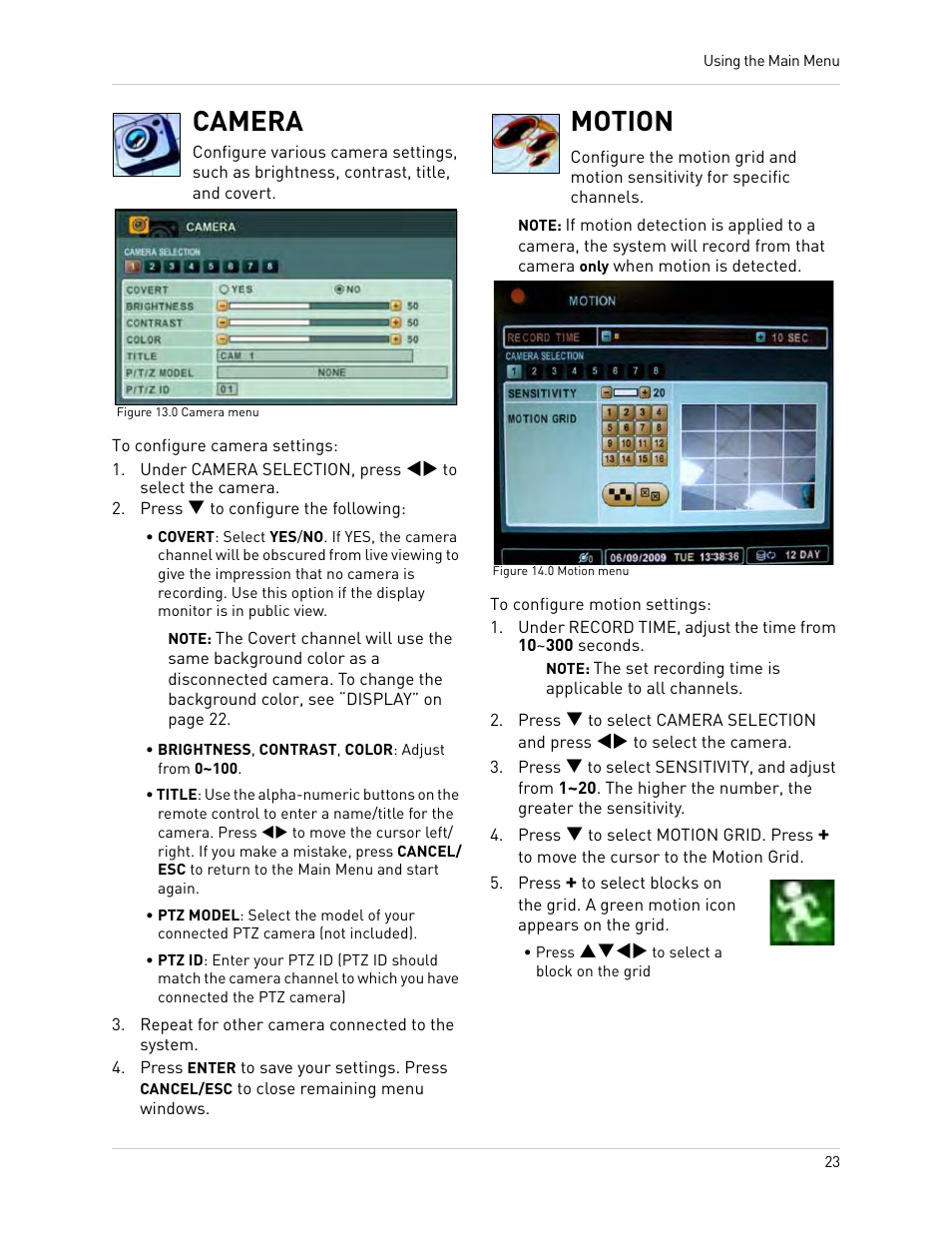 Figure 13.0 camera menu, Press q to configure the following, Brightness, contrast, color: adjust from 0~100 | Repeat for other camera connected to the system, Figure 14.0 motion menu, Press pqtu to select a block on the grid, Camera, Motion | Epson TOUCH DH200 User Manual | Page 33 / 106