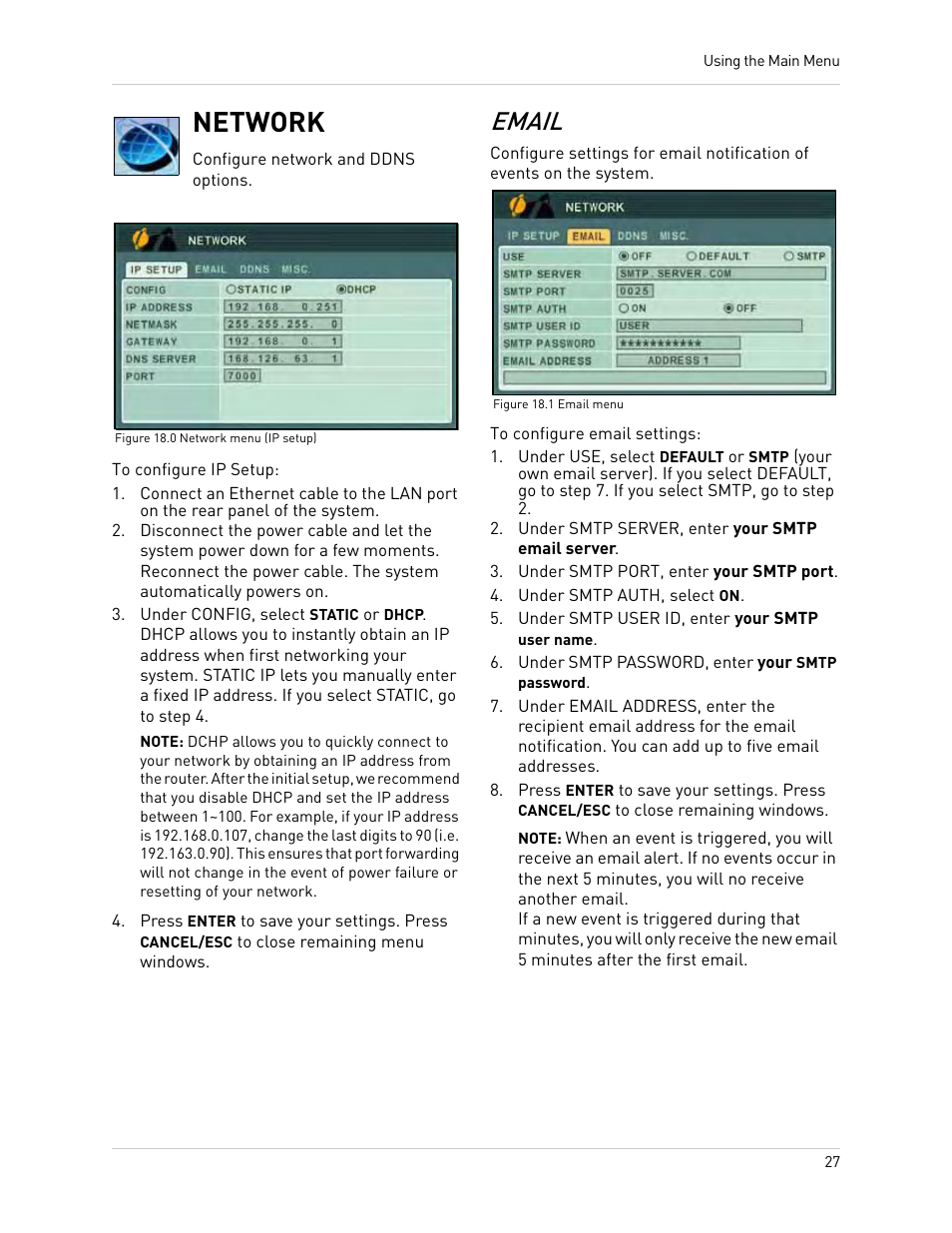 Figure 18.0 network menu (ip setup), Figure 18.1 email menu, Under smtp server, enter your smtp email server | Under smtp port, enter your smtp port, Under smtp auth, select on, Under smtp user id, enter your smtp user name, Under smtp password, enter your smtp password, Network, Email | Epson TOUCH DH200 User Manual | Page 37 / 106