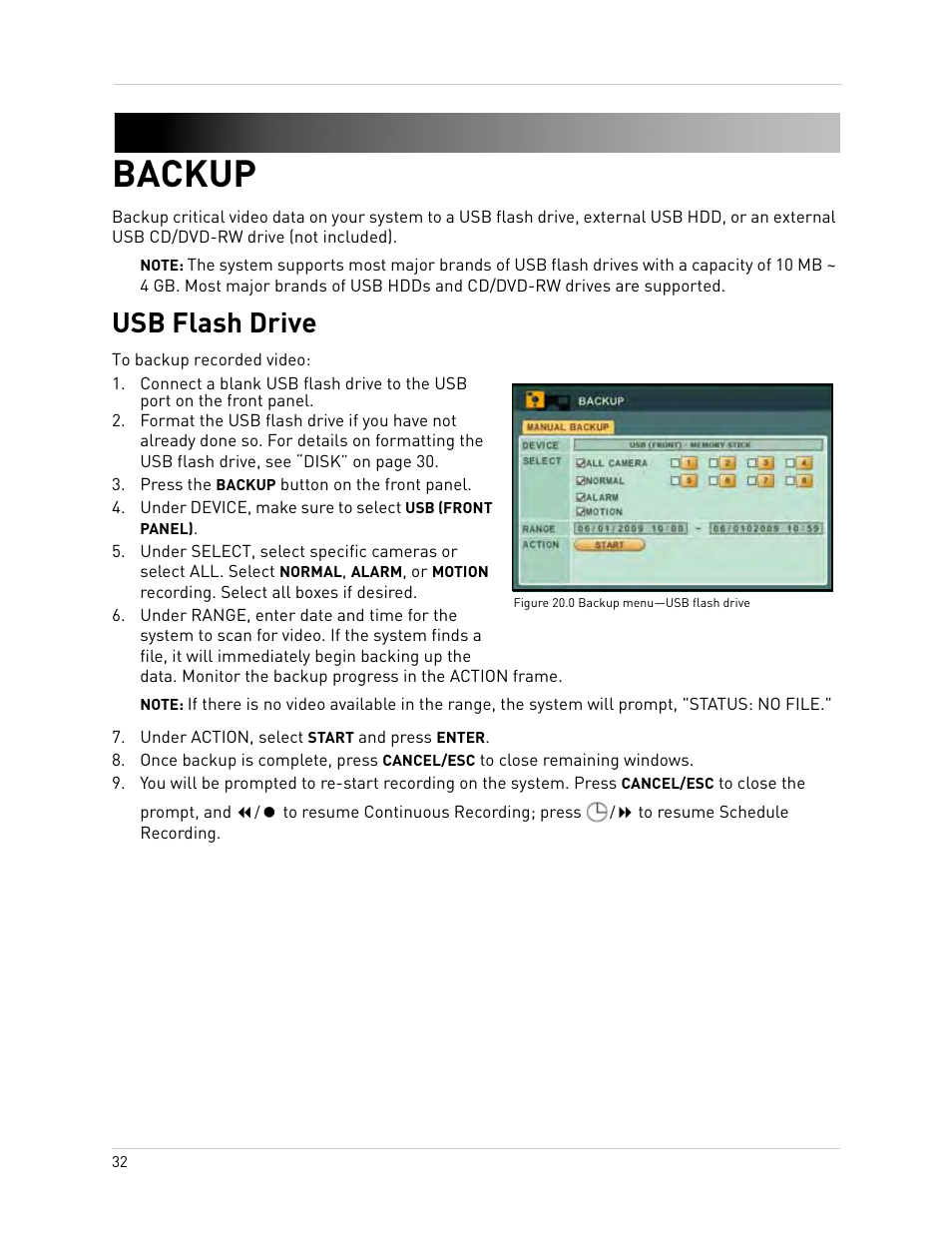 Figure 20.0 backup menu-usb flash drive, Press the backup button on the front panel, Under action, select start and press enter | Backup, Usb flash drive | Epson TOUCH DH200 User Manual | Page 42 / 106