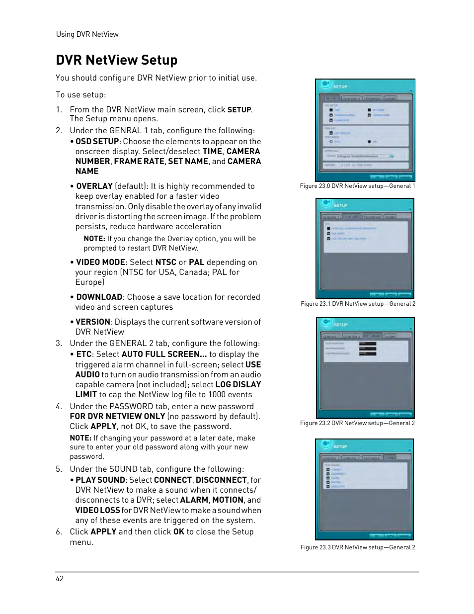 Figure 23.0 dvr netview setup-general 1, Under the genral 1 tab, configure the following, Under the general 2 tab, configure the following | Under the sound tab, configure the following, Dvr netview setup | Epson TOUCH DH200 User Manual | Page 52 / 106