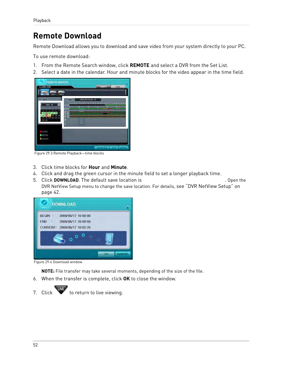 Figure 29.3 remote playback-time blocks, Click time blocks for hour and minute, Figure 29.4 download window | Click to return to live viewing, Remote download | Epson TOUCH DH200 User Manual | Page 62 / 106