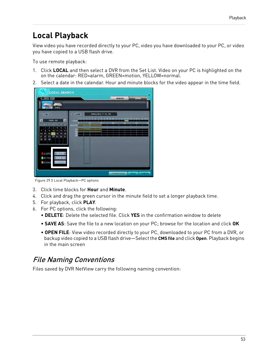 Figure 29.5 local playback-pc options, Click time blocks for hour and minute, For playback, click play | For pc options, click the following, Local playback, File naming conventions | Epson TOUCH DH200 User Manual | Page 63 / 106