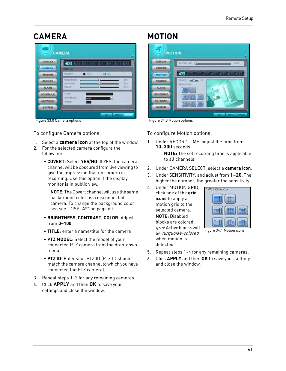 Figure 33.0 camera options, Select a camera icon at the top of the window, For the selected camera configure the following | Brightness, contrast, color: adjust from 0~100, Title: enter a name/title for the camera, Repeat steps 1~2 for any remaining cameras, Figure 34.0 motion options, Under camera select, select a camera icon, Figure 34.1 motion icons, Repeat steps 1~4 for any remaining cameras | Epson TOUCH DH200 User Manual | Page 71 / 106