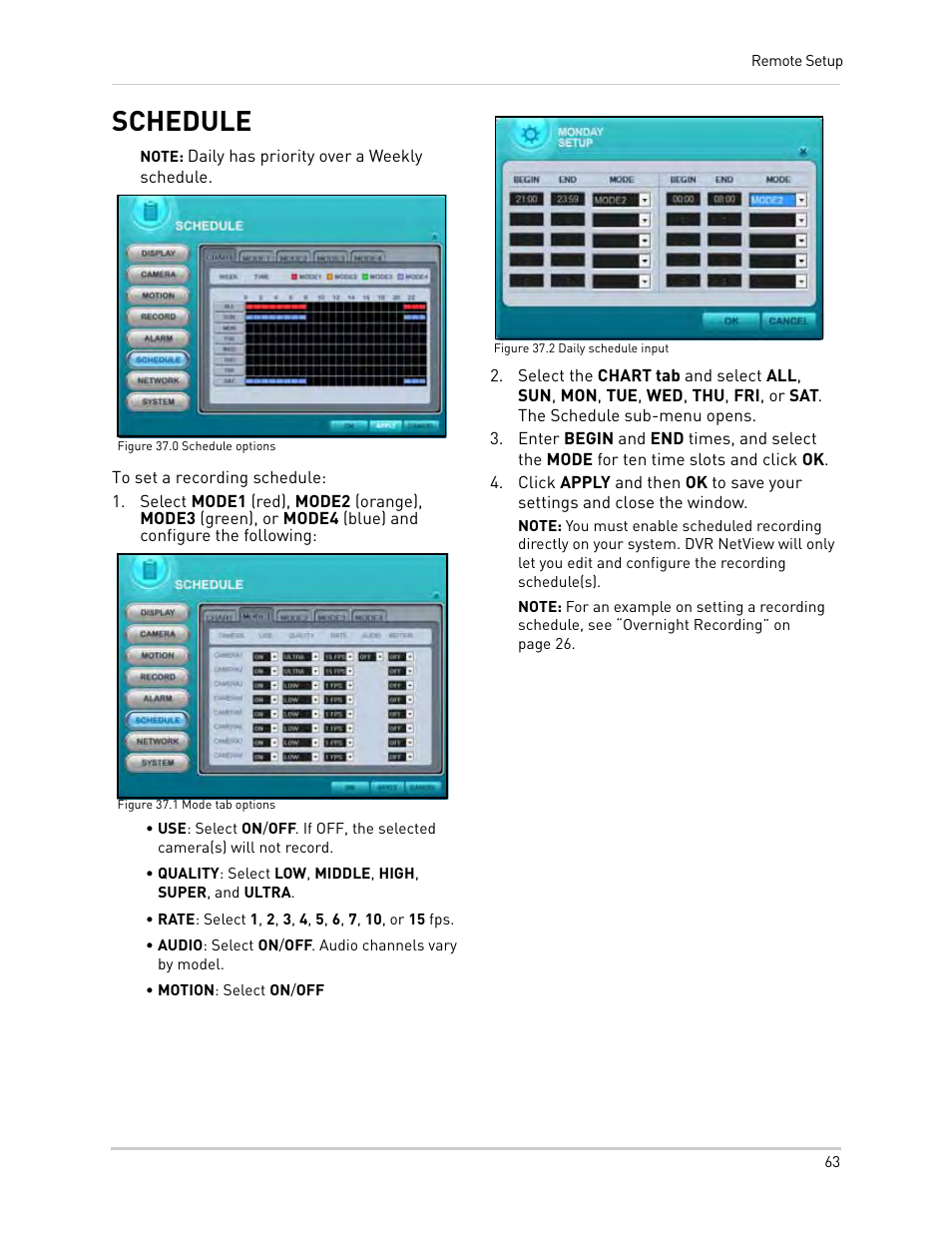 Note: daily has priority over a weekly schedule, Figure 37.0 schedule options, Figure 37.1 mode tab options | Rate: select 1, 2, 3, 4, 5, 6, 7, 10, or 15 fps, Audio: select on/off. audio channels vary by model, Motion: select on/off, Figure 37.2 daily schedule input, Schedule | Epson TOUCH DH200 User Manual | Page 73 / 106