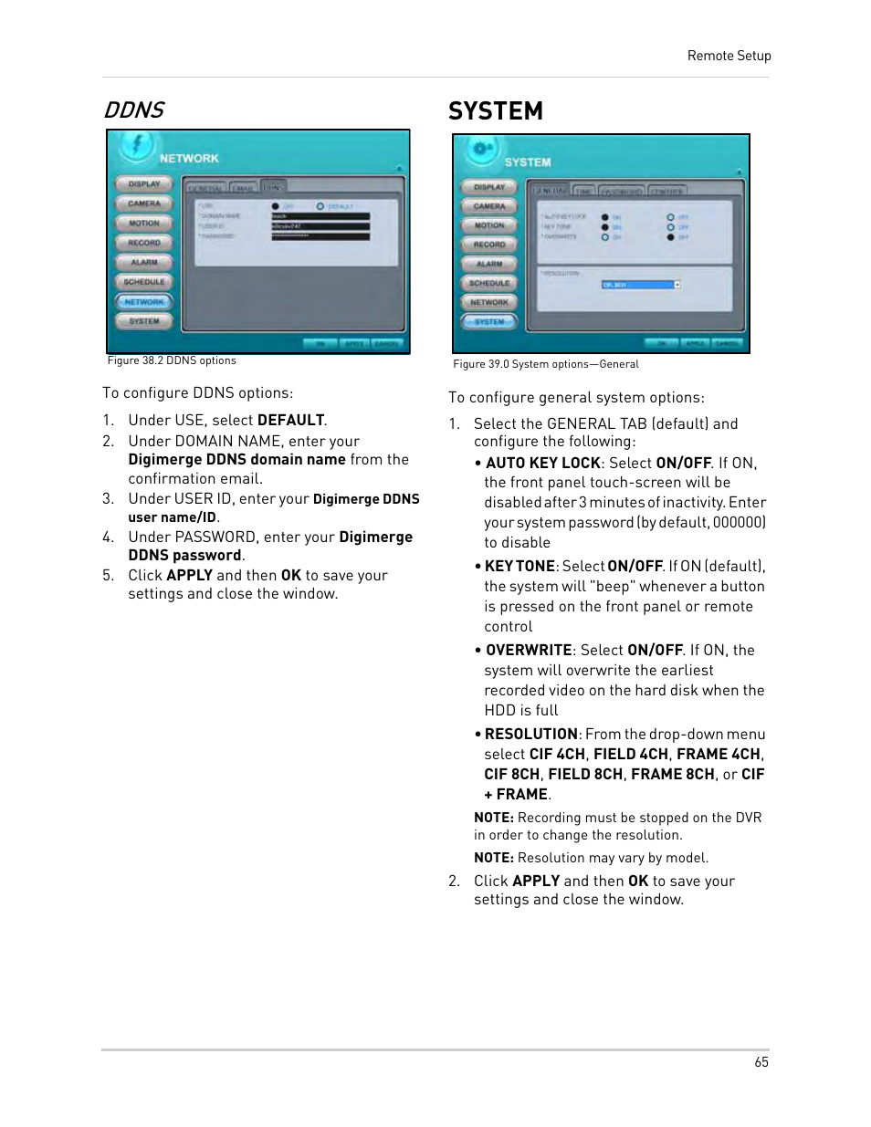 Figure 38.2 ddns options, Under use, select default, Under password, enter your digimerge ddns password | Figure 39.0 system options-general, Note: resolution may vary by model, Ddns, System | Epson TOUCH DH200 User Manual | Page 75 / 106