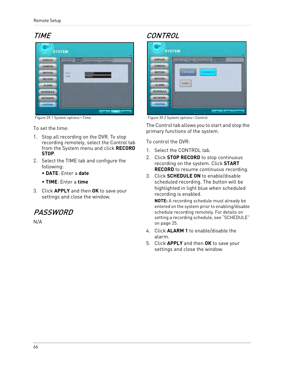 Figure 39.1 system options-time, Select the time tab and configure the following, Figure 39.2 system options-control | Select the control tab, Click alarm 1 to enable/disable the alarm, Time password control, Time, Password, Control | Epson TOUCH DH200 User Manual | Page 76 / 106