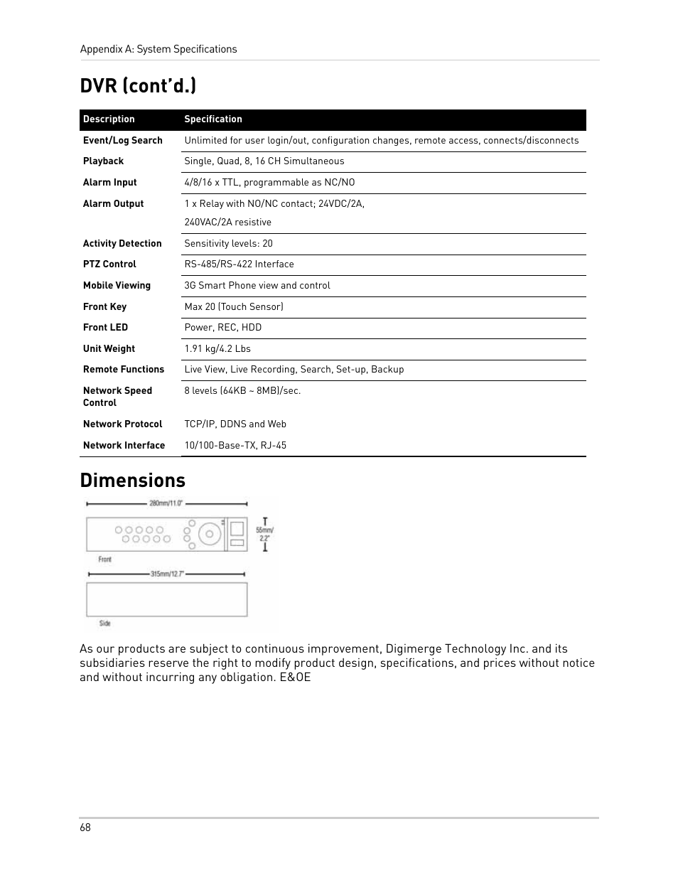 Dimensions, Dvr (cont’d.) dimensions | Epson TOUCH DH200 User Manual | Page 78 / 106