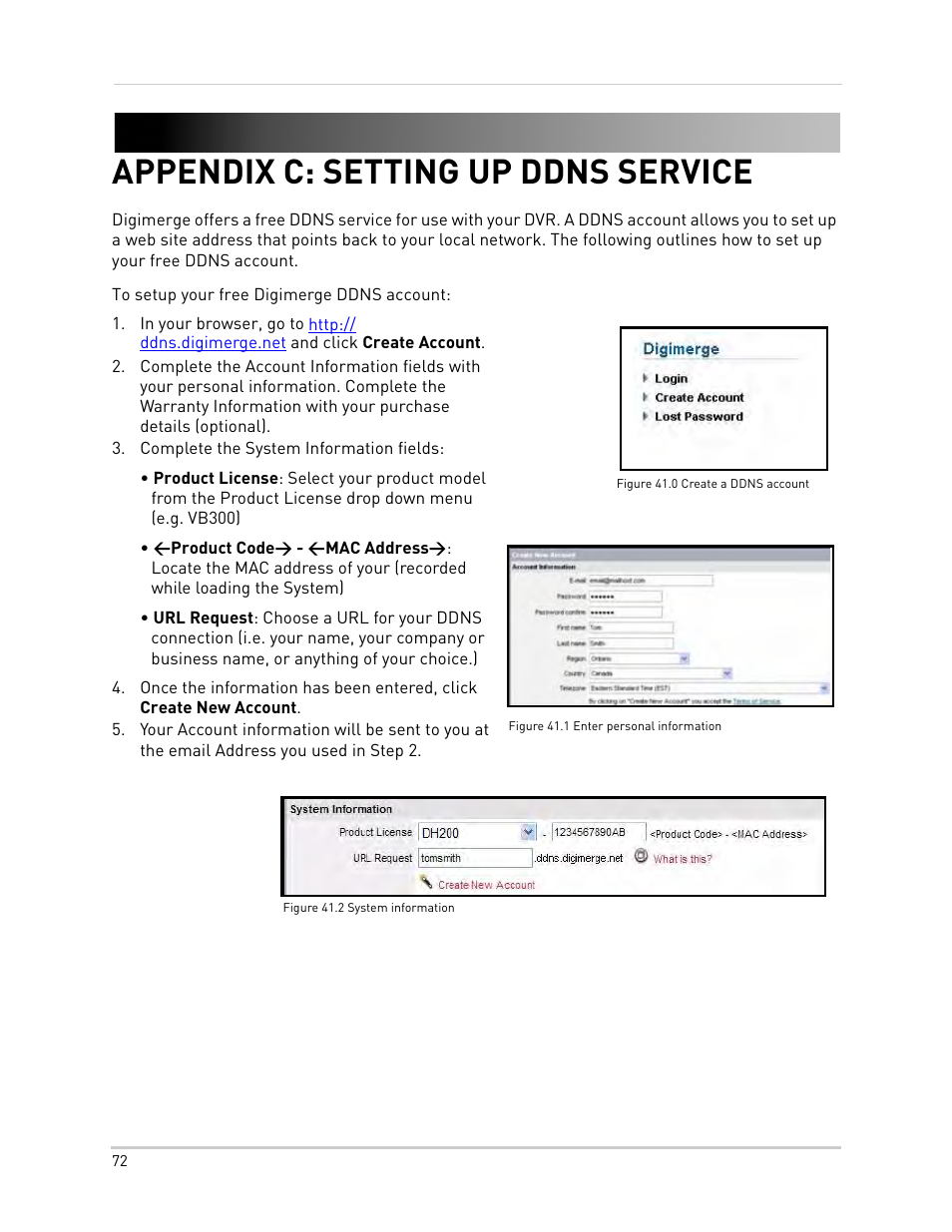 Figure 41.0 create a ddns account, Complete the system information fields, Figure 41.2 system information | Appendix c: setting up ddns service | Epson TOUCH DH200 User Manual | Page 82 / 106