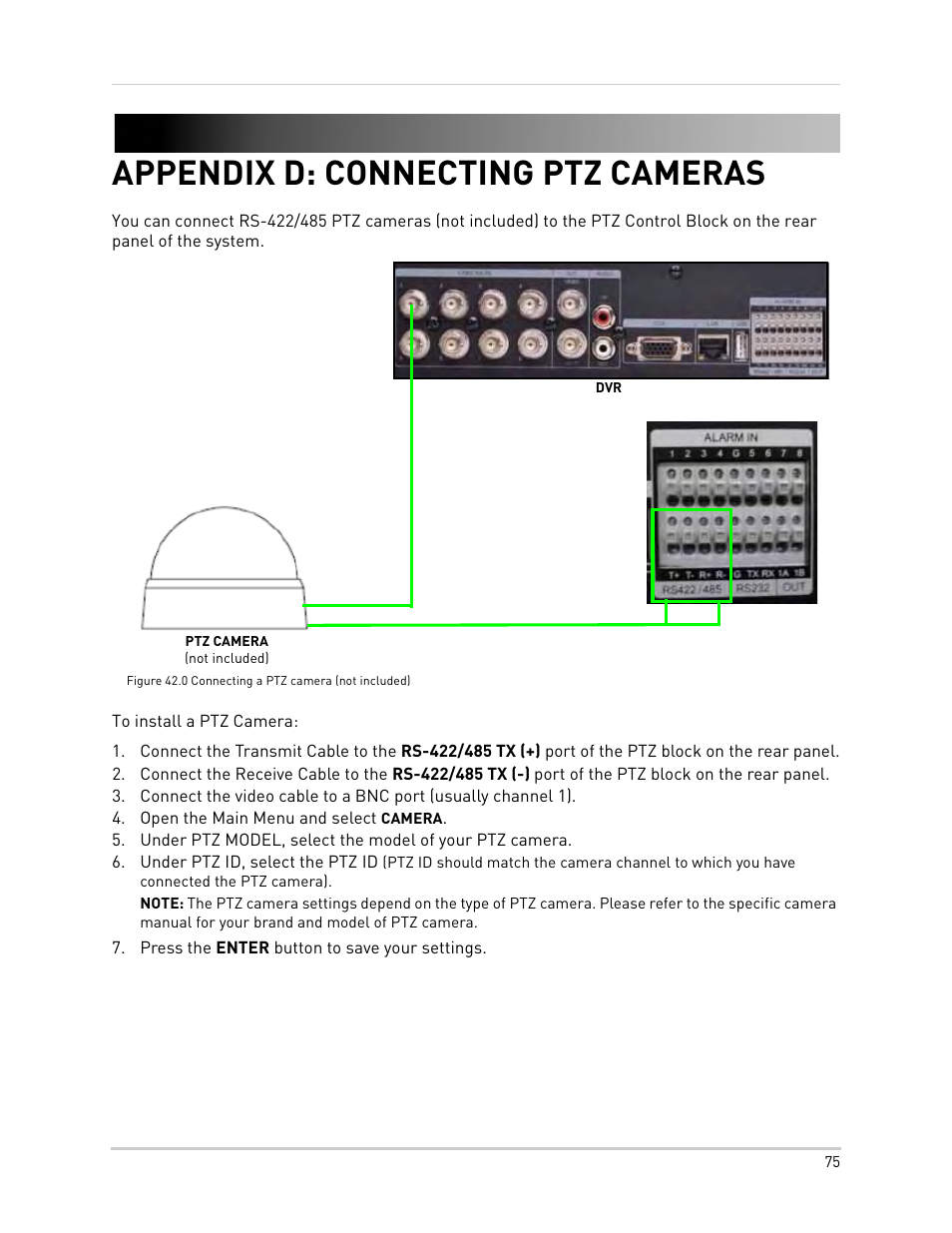 Open the main menu and select camera, Press the enter button to save your settings, Appendix d: connecting ptz cameras | Epson TOUCH DH200 User Manual | Page 85 / 106