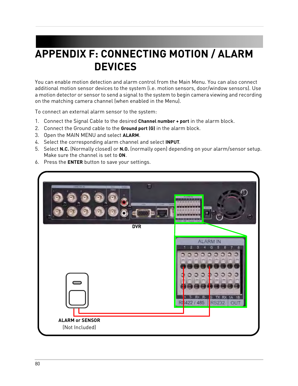 Open the main menu and select alarm, Press the enter button to save your settings, Appendix f: connecting motion / alarm devices | Epson TOUCH DH200 User Manual | Page 90 / 106