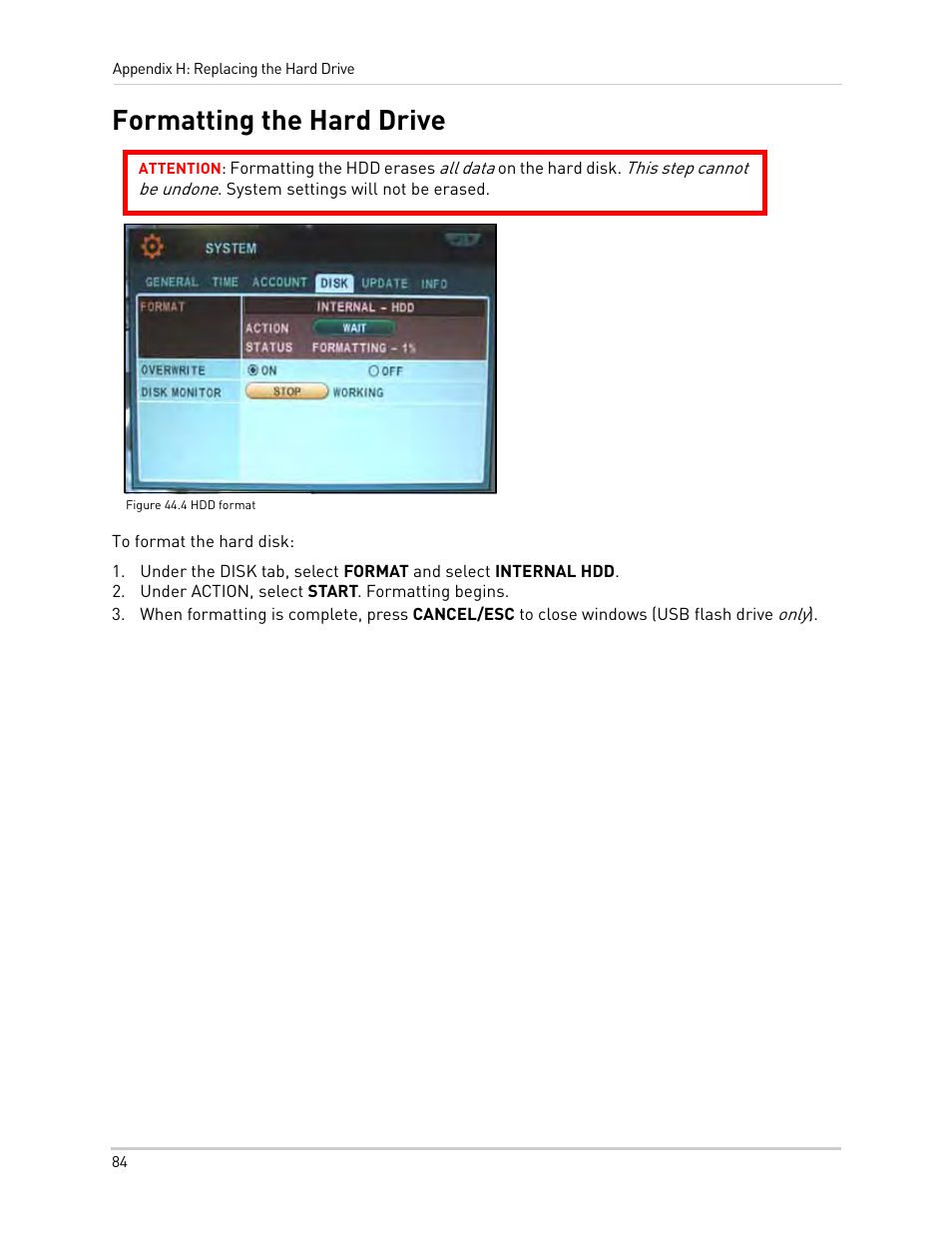 Under action, select start. formatting begins, Formatting the hard drive | Epson TOUCH DH200 User Manual | Page 94 / 106