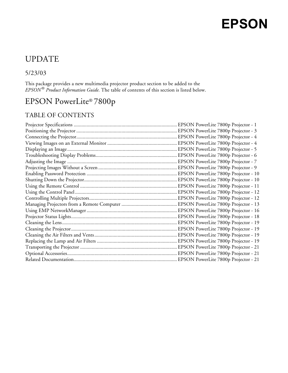 Epson 7800P User Manual | 22 pages