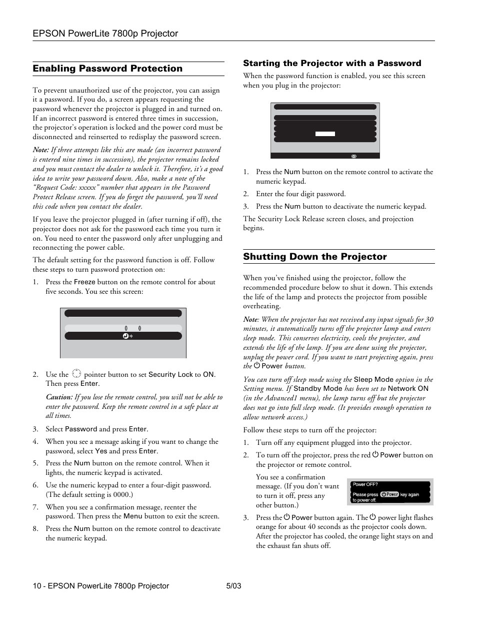 Enabling password protection, Starting the projector with a password, Shutting down the projector | Epson powerlite 7800p projector | Epson 7800P User Manual | Page 11 / 22