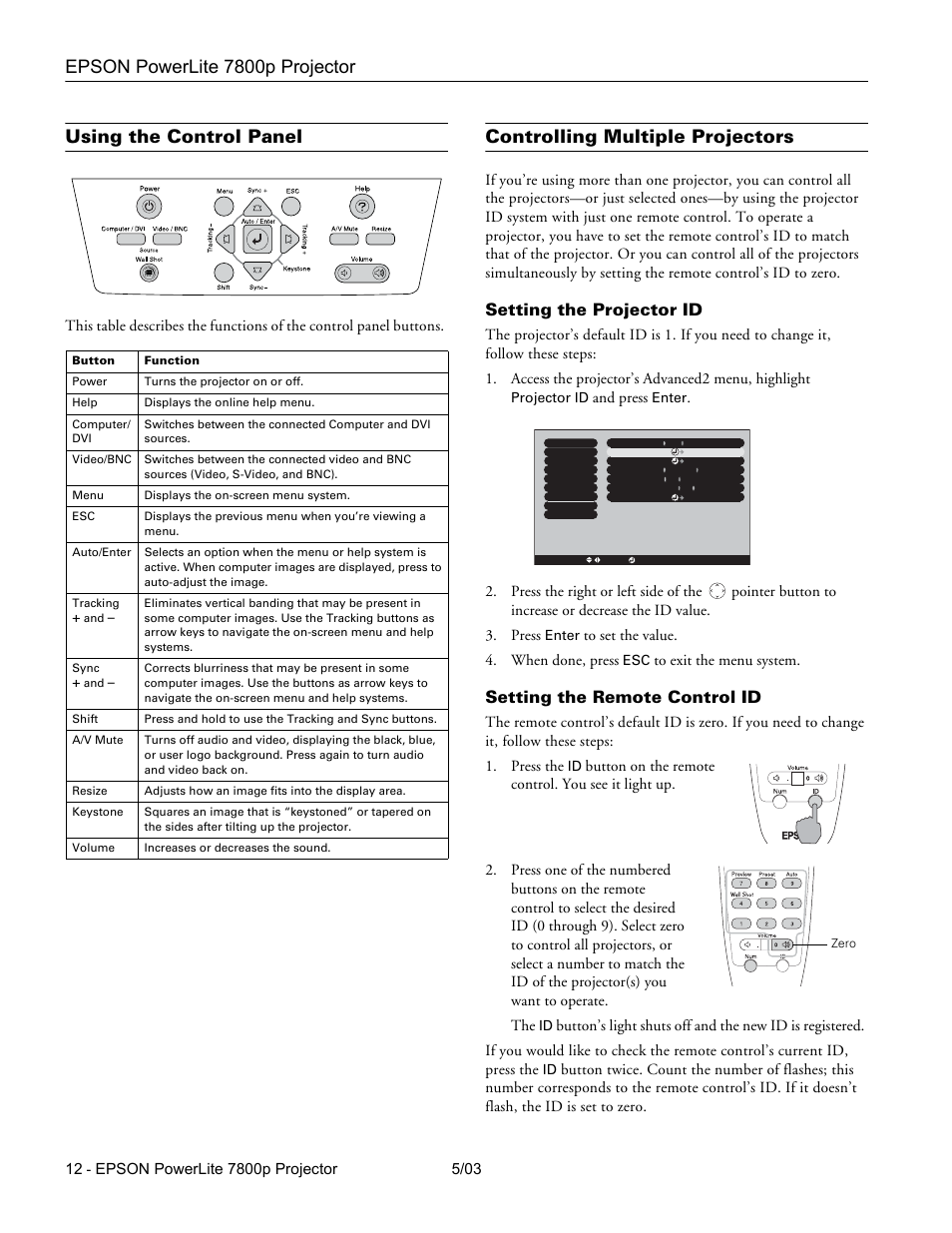 Setting the projector id, Setting the remote control id, Epson powerlite 7800p projector | Using the control panel, Controlling multiple projectors, And press, Projector id, Enter | Epson 7800P User Manual | Page 13 / 22