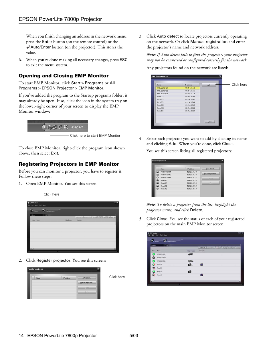 Opening and closing emp monitor, Registering projectors in emp monitor | Epson 7800P User Manual | Page 15 / 22