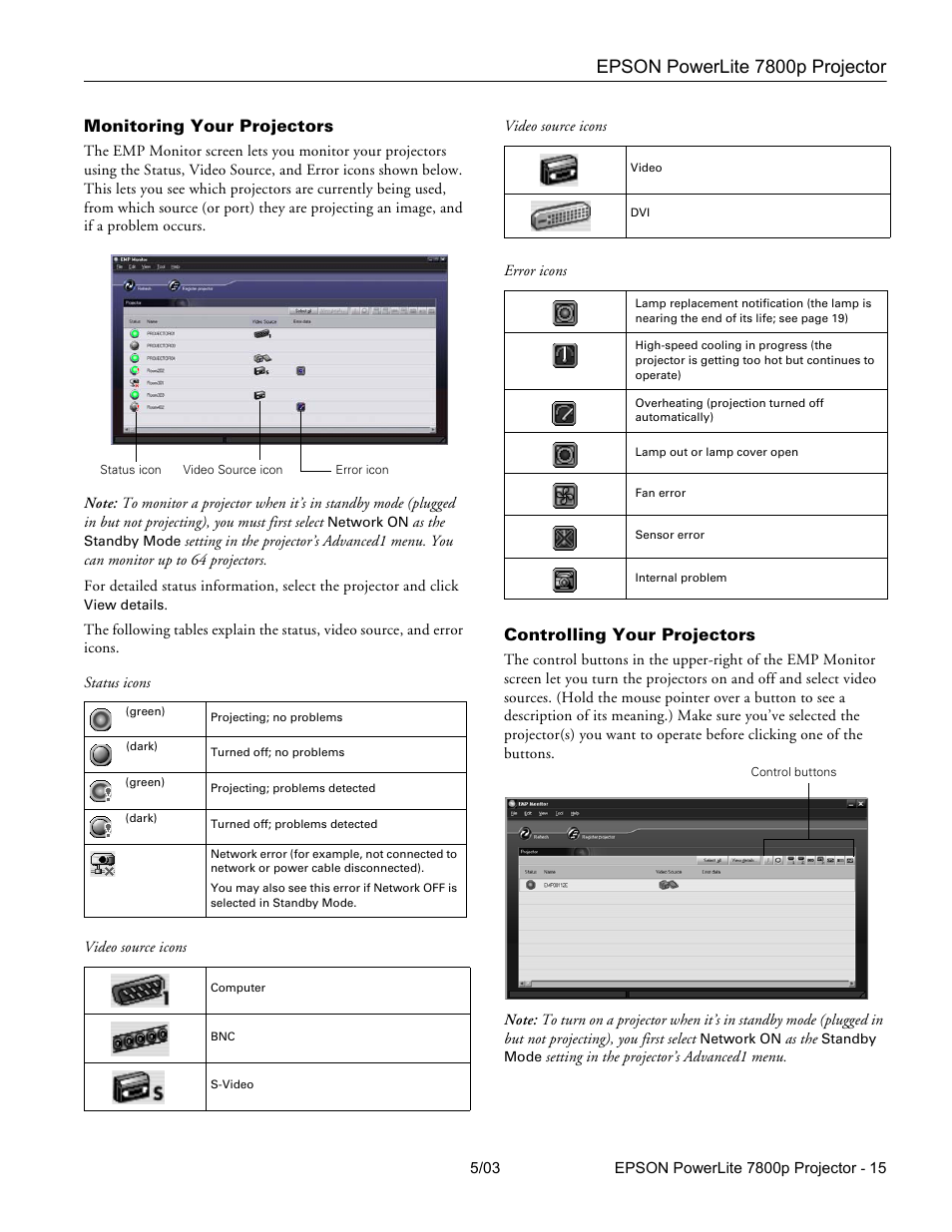 Monitoring your projectors, Controlling your projectors, Epson powerlite 7800p projector | Epson 7800P User Manual | Page 16 / 22