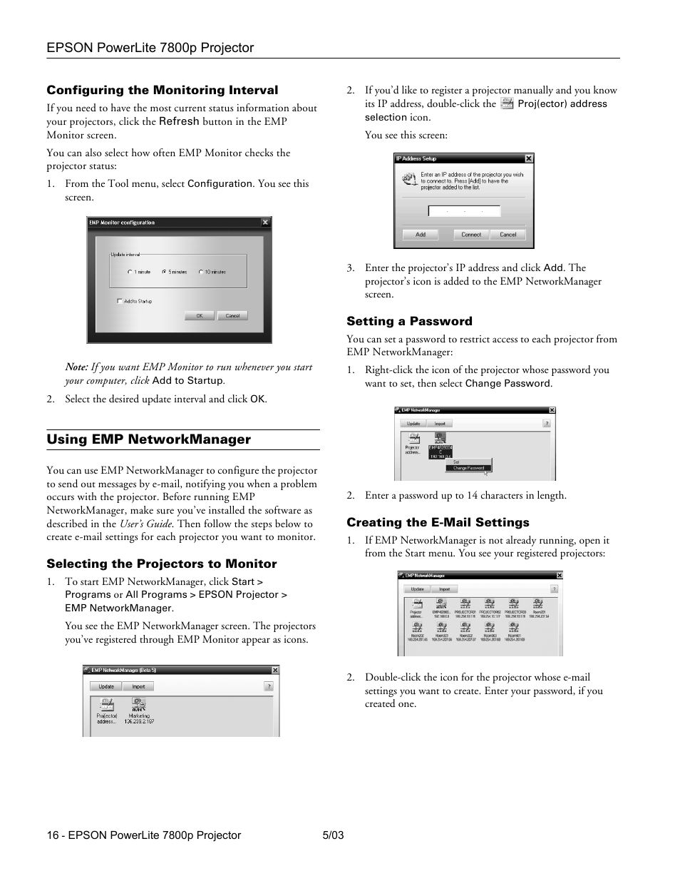 Configuring the monitoring interval, Using emp networkmanager, Selecting the projectors to monitor | Setting a password, Creating the e-mail settings | Epson 7800P User Manual | Page 17 / 22