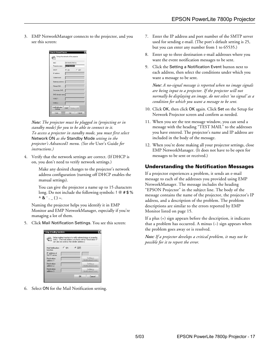 Understanding the notification messages | Epson 7800P User Manual | Page 18 / 22