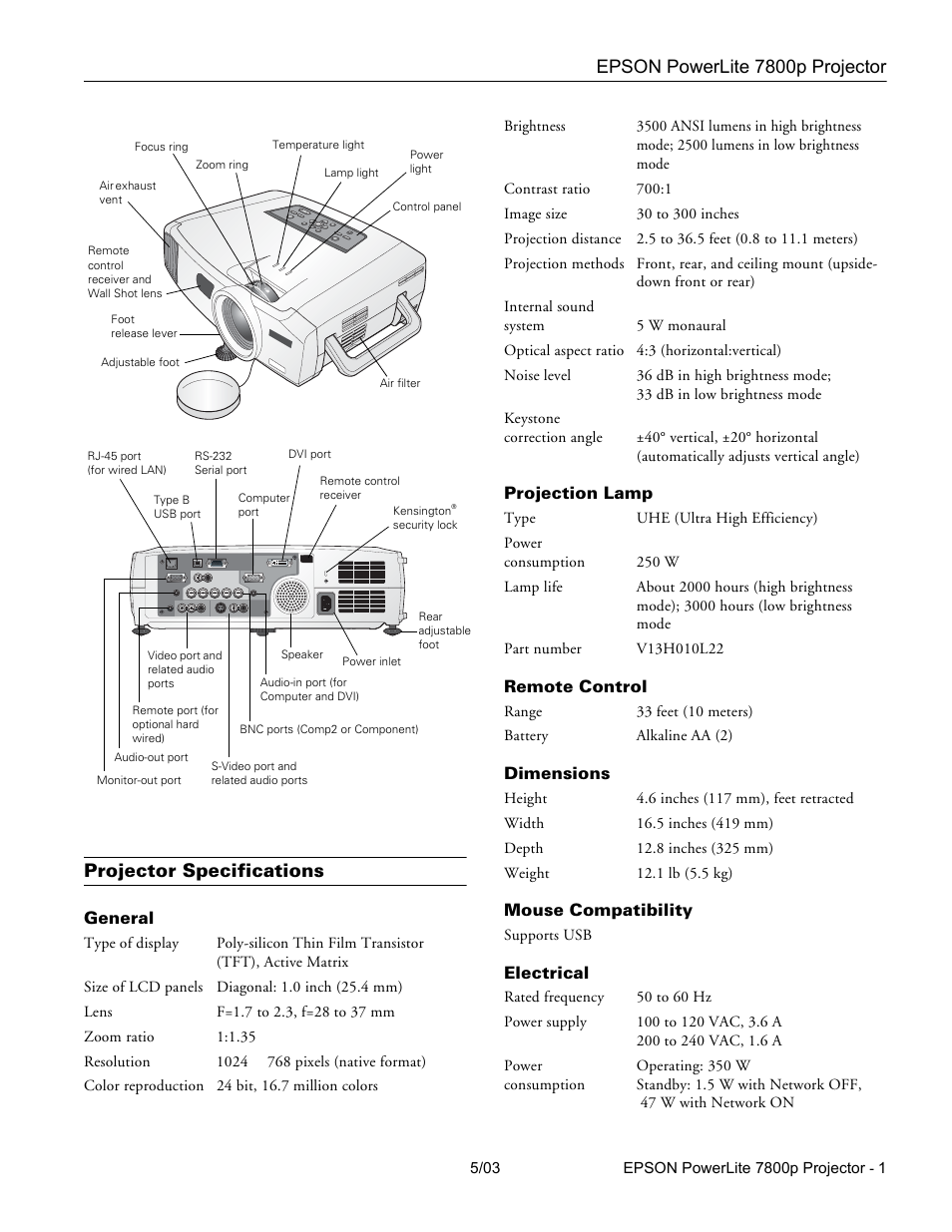 Projector specifications, General, Projection lamp | Remote control, Dimensions, Mouse compatibility, Electrical, Epson powerlite 7800p projector | Epson 7800P User Manual | Page 2 / 22