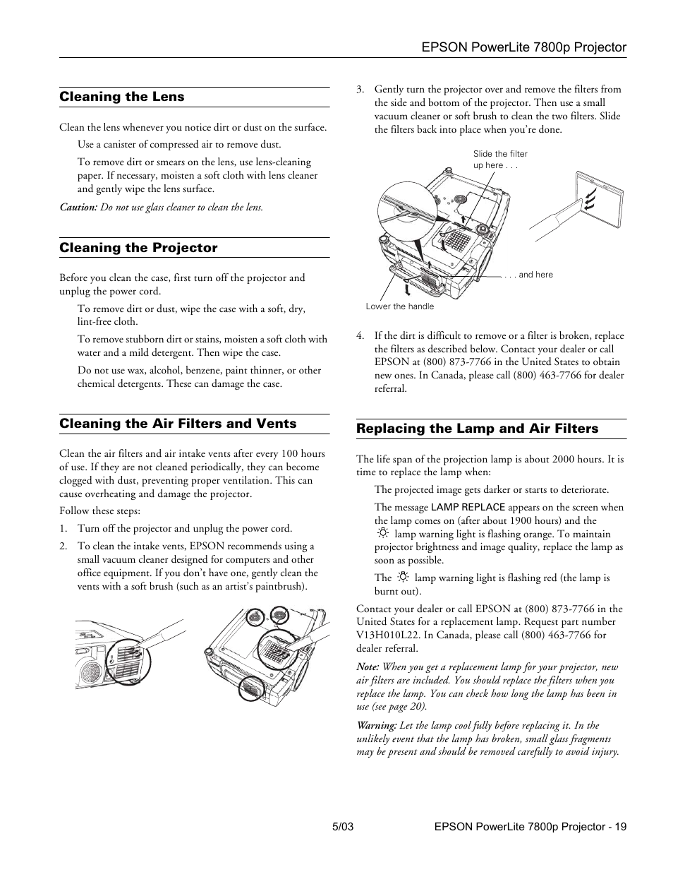 Cleaning the lens, Cleaning the projector | Epson 7800P User Manual | Page 20 / 22