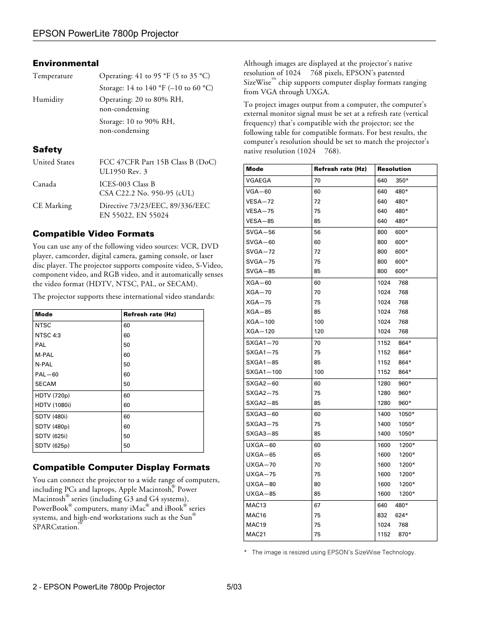 Environmental, Safety, Compatible video formats | Compatible computer display formats, Epson powerlite 7800p projector | Epson 7800P User Manual | Page 3 / 22