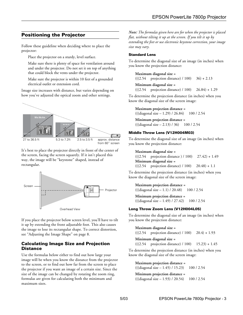 Positioning the projector, Calculating image size and projection distance | Epson 7800P User Manual | Page 4 / 22