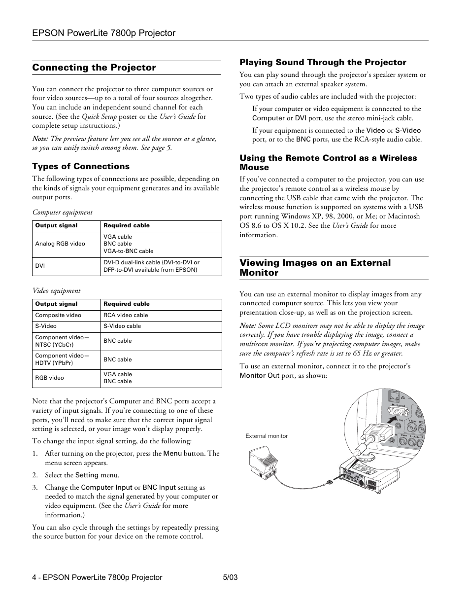 Connecting the projector, Types of connections, Playing sound through the projector | Using the remote control as a wireless mouse, Viewing images on an external monitor, Epson powerlite 7800p projector | Epson 7800P User Manual | Page 5 / 22