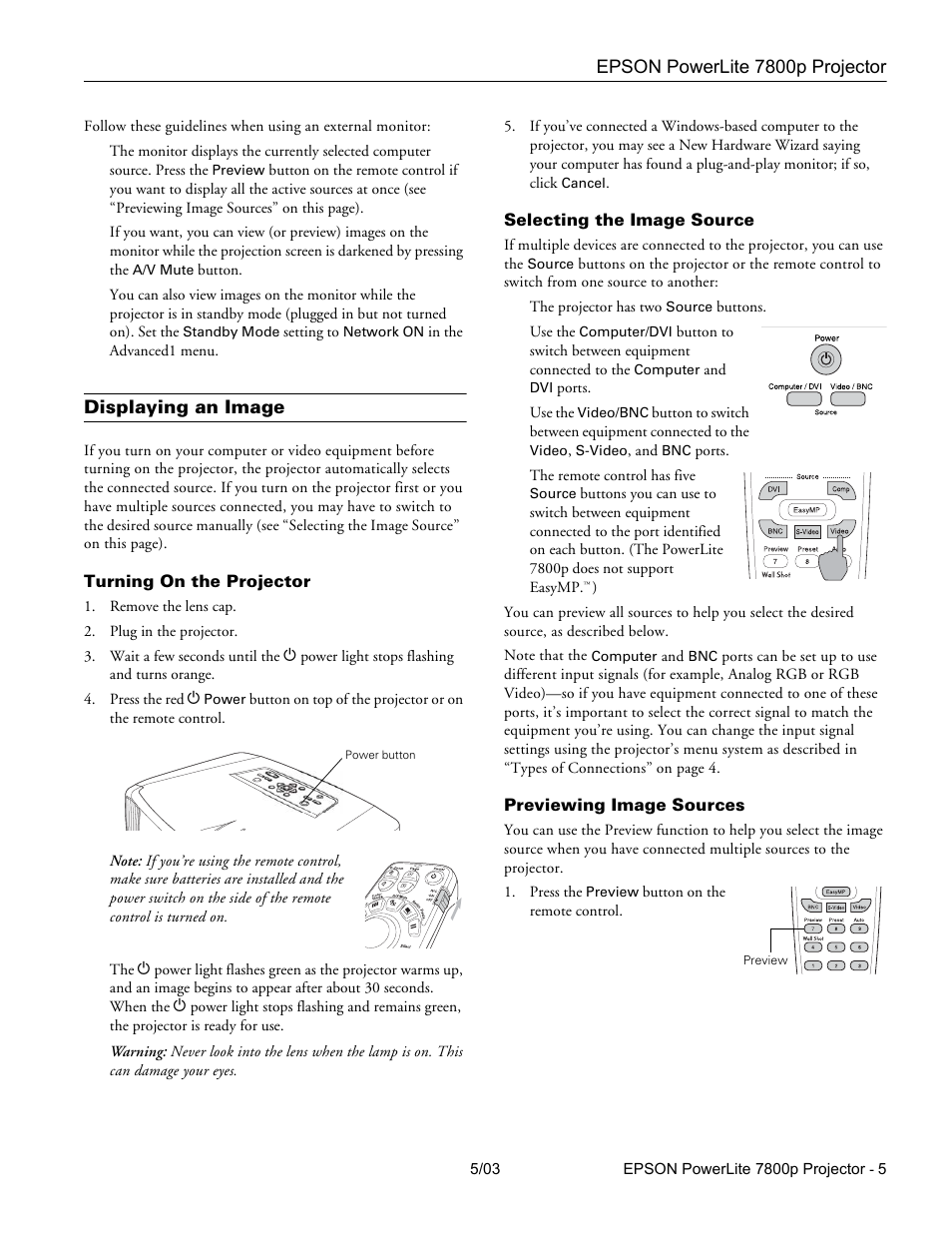 Displaying an image, Turning on the projector, Selecting the image source | Previewing image sources | Epson 7800P User Manual | Page 6 / 22