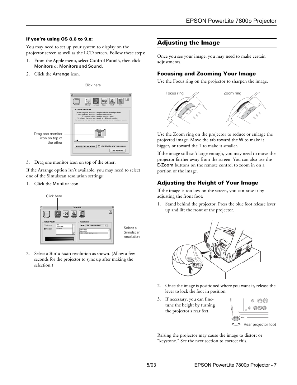 Adjusting the image, Focusing and zooming your image, Adjusting the height of your image | Epson powerlite 7800p projector | Epson 7800P User Manual | Page 8 / 22