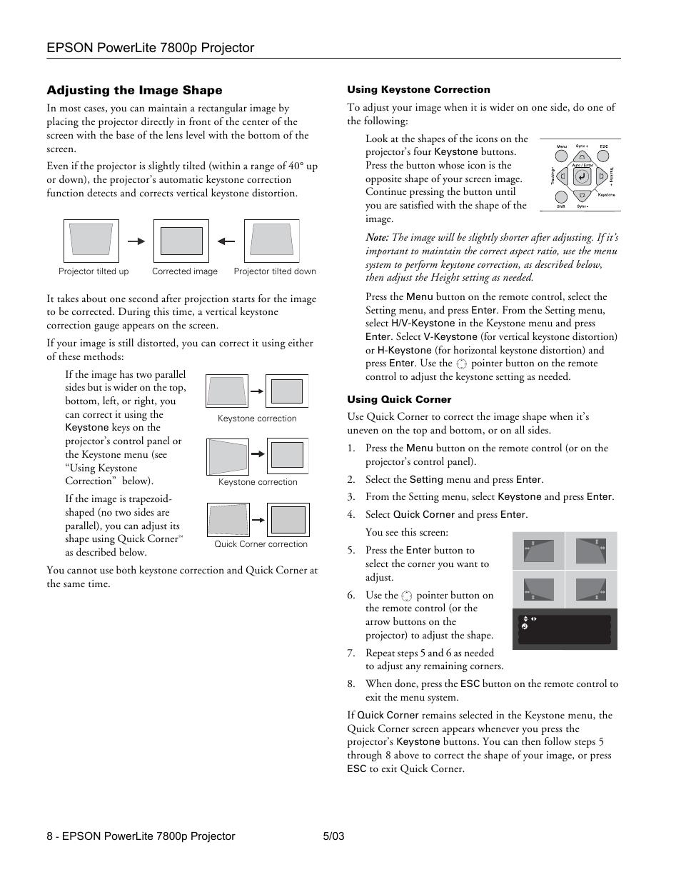 Adjusting the image shape, Epson powerlite 7800p projector | Epson 7800P User Manual | Page 9 / 22