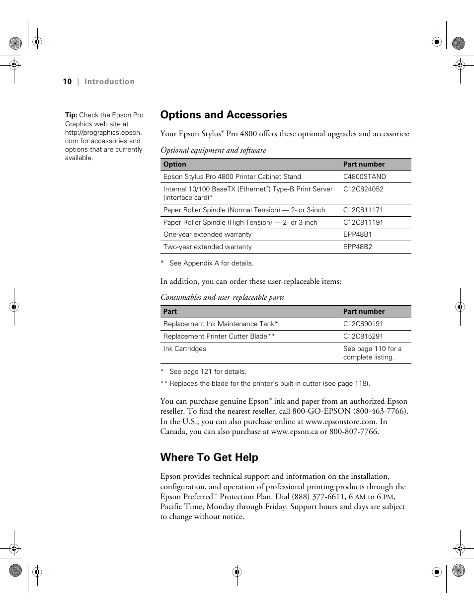 Options and accessories, Where to get help, Options and accessories where to get help | Epson PRO 4800 User Manual | Page 10 / 160