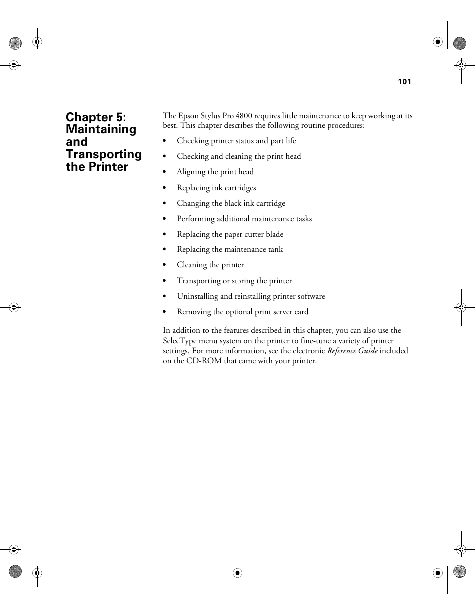 Chap 5-maintaining and transporting the printer, 5 maintaining and transporting the printer | Epson PRO 4800 User Manual | Page 101 / 160