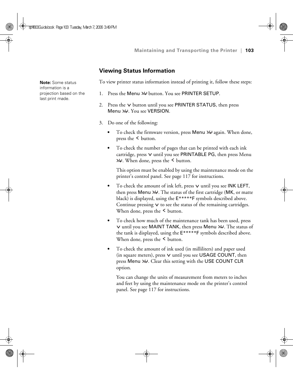 Viewing status information | Epson PRO 4800 User Manual | Page 103 / 160