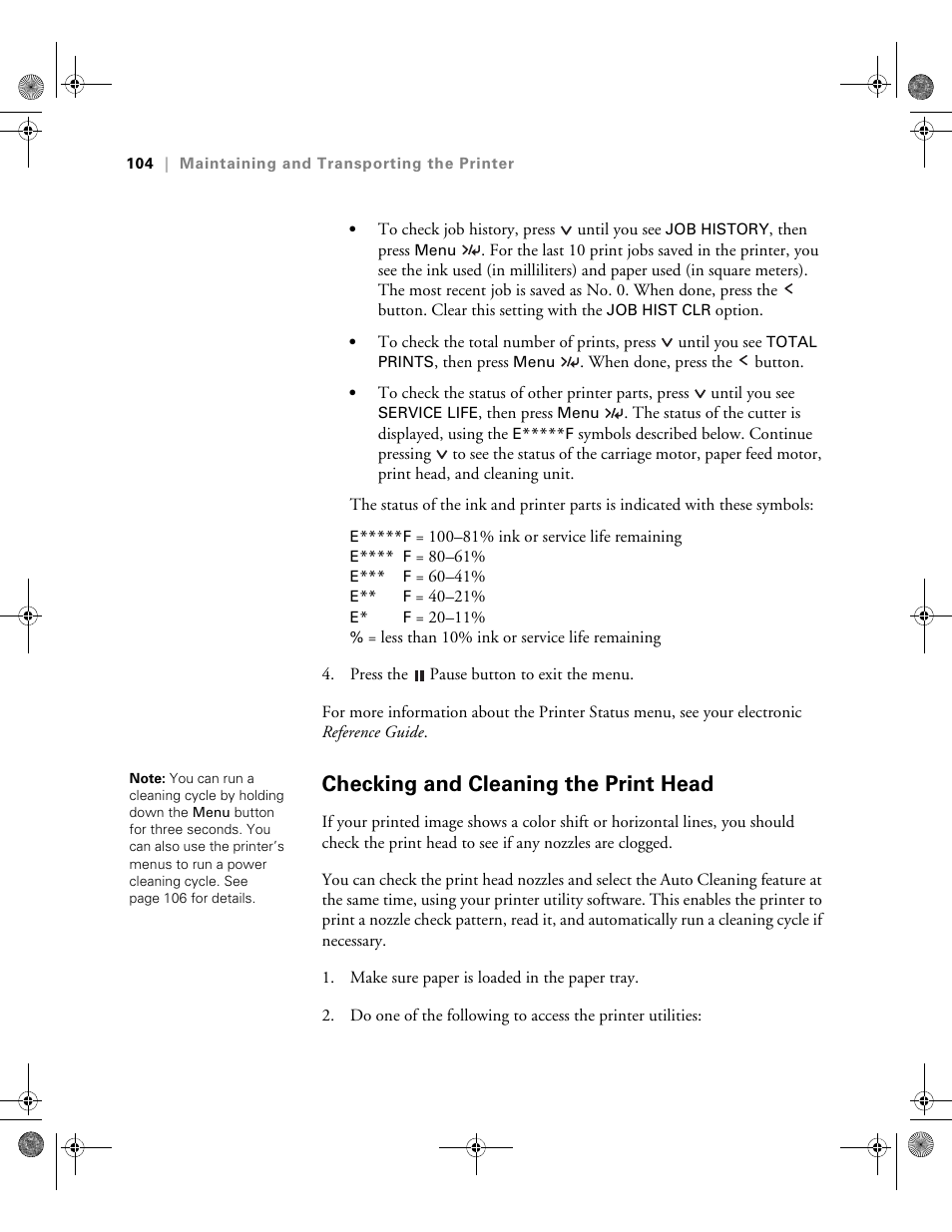 Checking and cleaning the print head | Epson PRO 4800 User Manual | Page 104 / 160