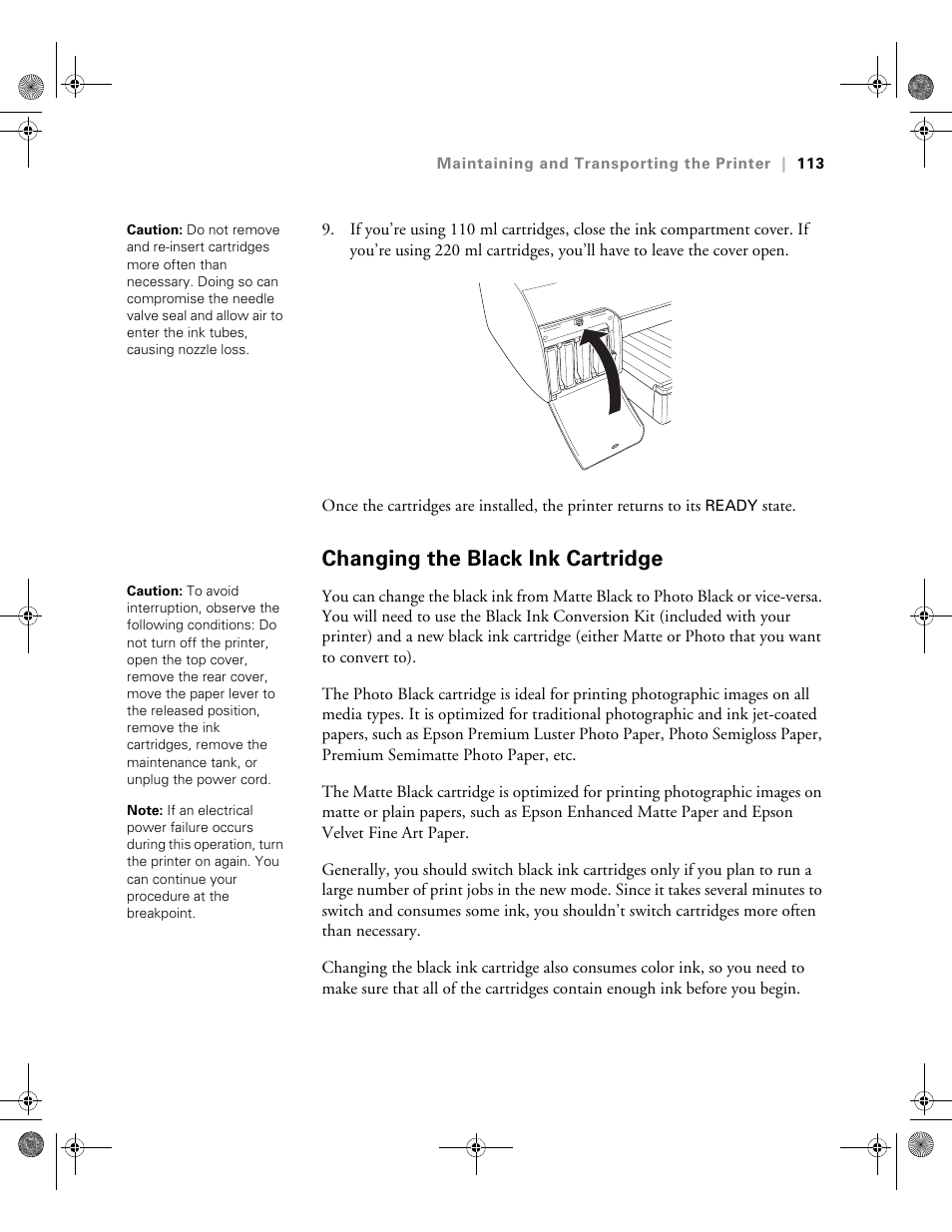 Changing the black ink cartridge | Epson PRO 4800 User Manual | Page 113 / 160