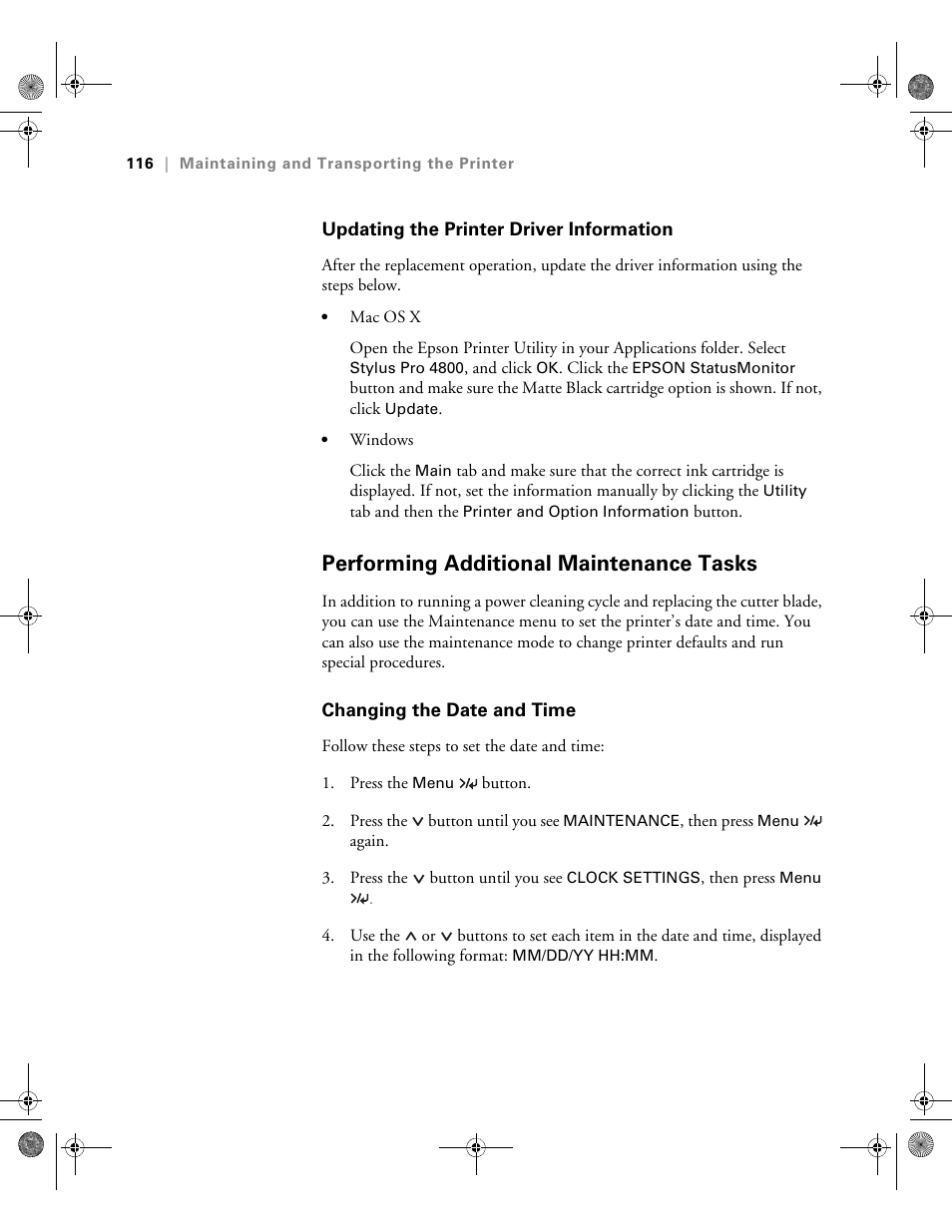 Updating the printer driver information, Performing additional maintenance tasks, Changing the date and time | Epson PRO 4800 User Manual | Page 116 / 160